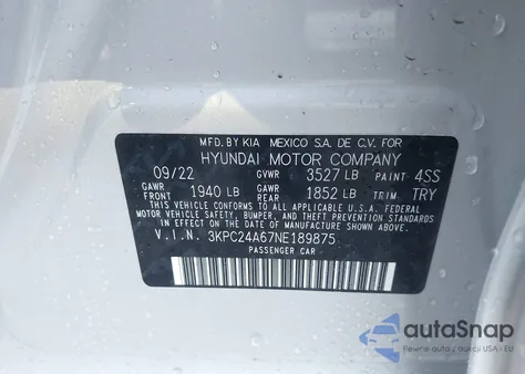 2022 Hyundai Accent Sel z USA, uszkodzony, nr VIN 3KPC24A67NE189875